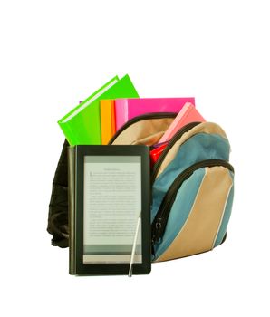 Electronic book with books in backpack isolated on white background