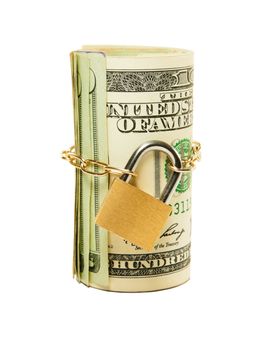 Roll of US dollars chained and locked isolated on white