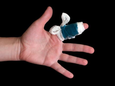 White medicine bandage on human injury hand finger