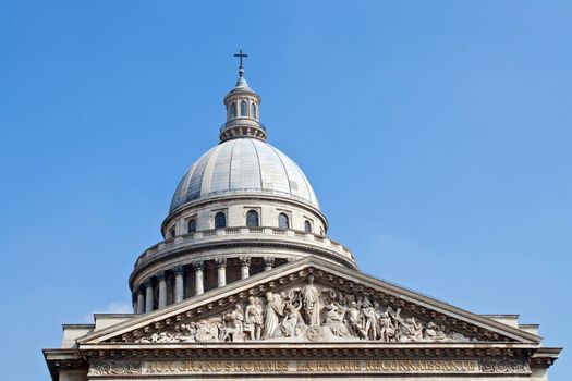 Close up of Pantheon with perfect sky in summer time at Paris France