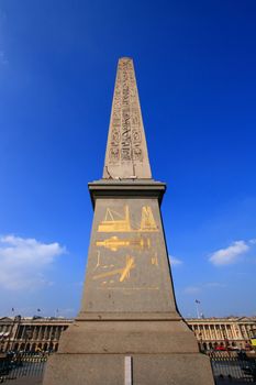 Obelisk Monument with blue sky at Place de la concorde in Paris France, Vertical