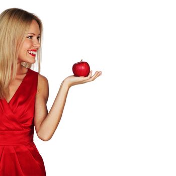 woman eat red apple on white background