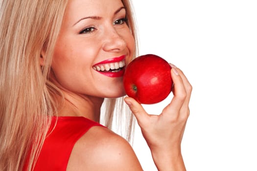 woman eat red apple on white background