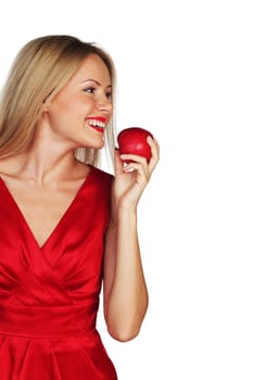 woman eat red apple on white background