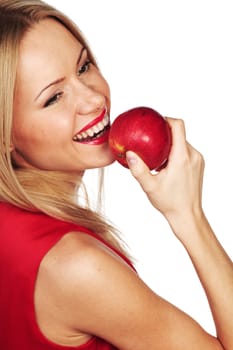 woman eat red apple on white background