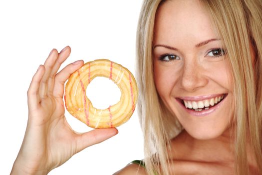 woman eating a cake on a white background