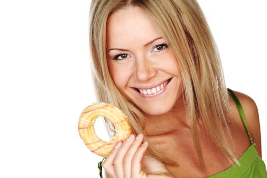 woman eating a cake on a white background