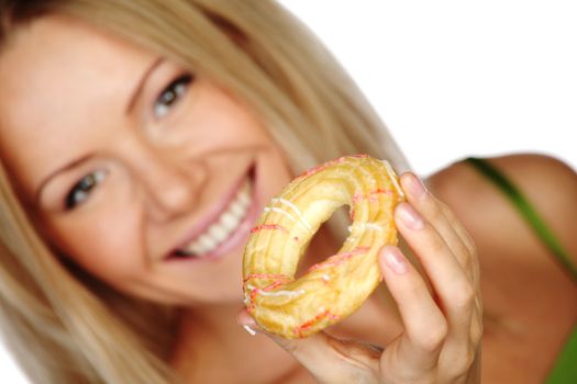 woman eating a cake on a white background