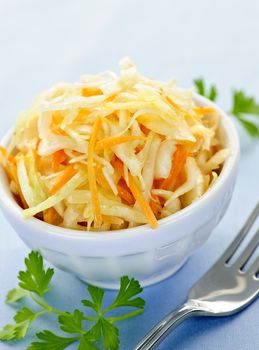 Bowl of fresh coleslaw with shredded cabbage