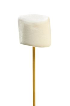 Isolated closeup of marshmallow on a wooden skewer