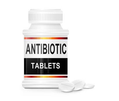 Illustration depicting a single medication container with the words 'antibiotic tablets' on the front with white background and a few tablets in the foreground.