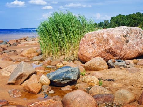 Sea rocky beach in sunny day, blue cloudy sky 