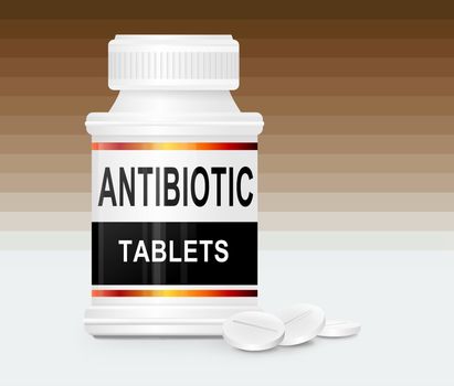 Illustration depicting a single medication container with the words 'antibiotic tablets' on the front with golden gradient striped background and a few tablets in the foreground.