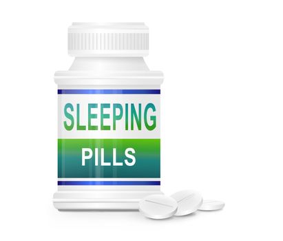 Illustration depicting a single medication container with the words 'sleeping pills' on the front with white background and a few tablets in the foreground.