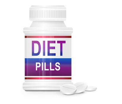 Illustration depicting a single medication container with the words 'diet pills' on the front with white background and a few tablets in the foreground.