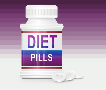 Illustration depicting a single medication container with the words 'diet pills' on the front with purple gradient stripe background and a few tablets in the foreground.