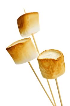 Three golden toasted marshmallows on wooden skewers