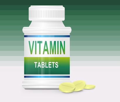 Illustration depicting a single medication container with the words 'vitamin tablets' on the front with green gradient stripe background and a few tablets in the foreground.