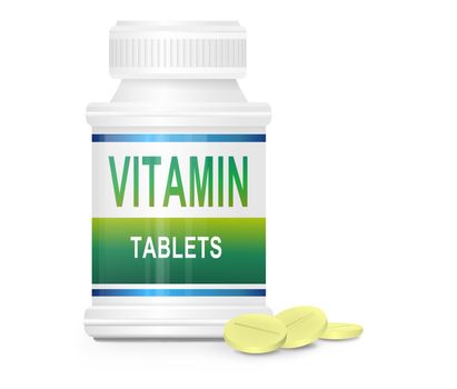 Illustration depicting a single medication container with the words 'vitamin tablets' on the front with white background and a few tablets in the foreground.