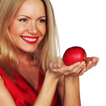 woman eat red apple on white background