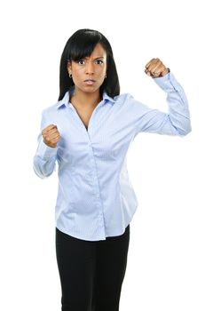 Fighting black woman showing fists isolated on white background