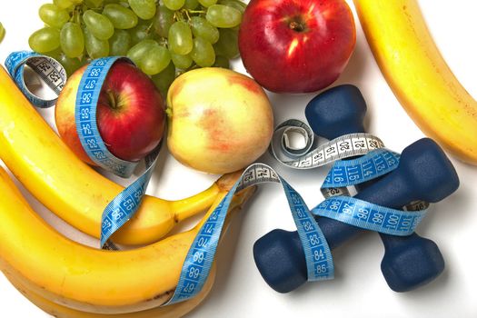 Healthy lifestyle - fruit food, sport exercising