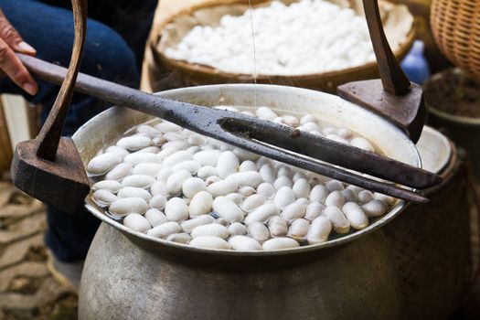 Boiling cocoon in a pot to prepare a cocoon silk.