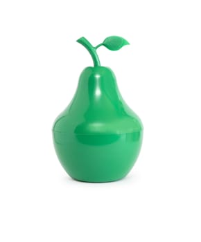 New green plastic container for trinket like a pear on white background. Clipping path is included