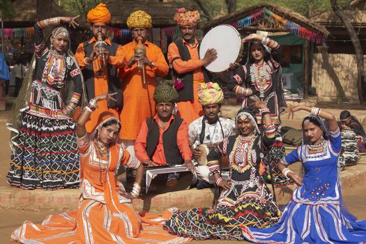 Tribal dancers and musicians at Sarujkund Fair, Delhi, India