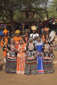 Tribal dancers and musicians at Sarujkund Fair, Delhi, India