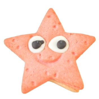Home made star shaped strawberry and vanilla chocolate cookie in a dish - isolated over white background