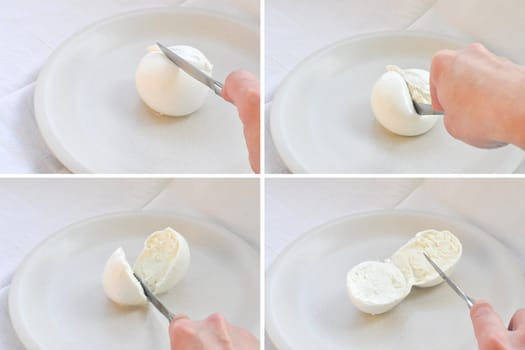 Traditional Italian mozzarella di bufala (buffalo mozzarella) cheese made from buffalo milk - slicing sequence