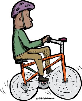 Isolated man with helmet rides a wobbly bike