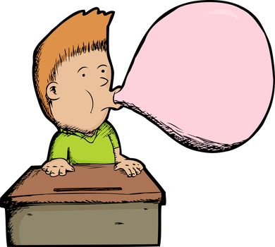 Young boy at desk blows a big gum bubble