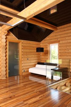 Spacious hall in the wooden house, executed in style hight-tech