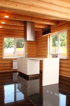 Wide kitchen in the wooden house, executed in style hight-tech