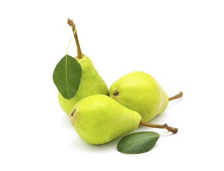 ripe fresh green pear with leaf isolated on white