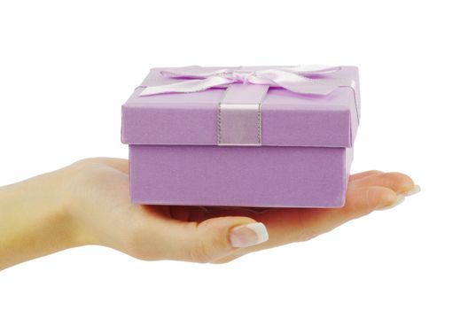 Hand and gift isolated on white background