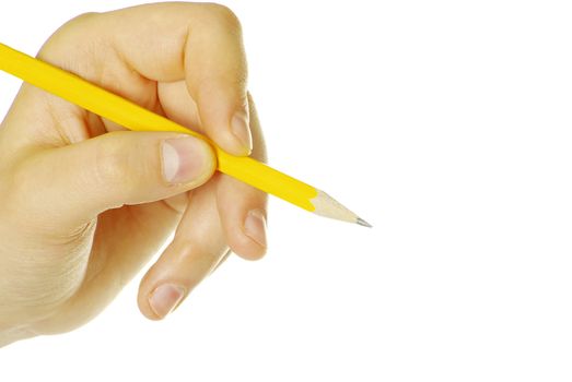 Pencil in woman hand isolated on white background