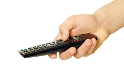 remote control in hand isolated on white background
