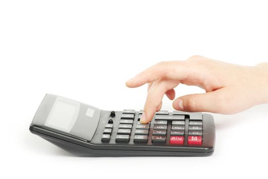 calculator with hand isolated on white