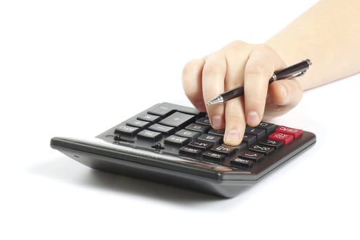 calculator with hand isolated on a white