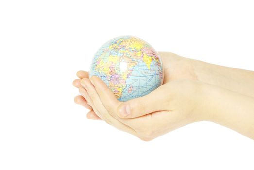 Hand holdings a globe on a white