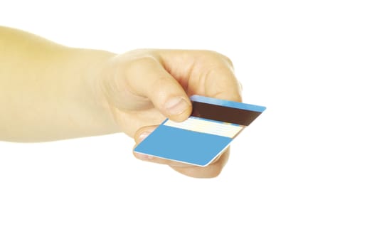 hand holding credit card isolated on white