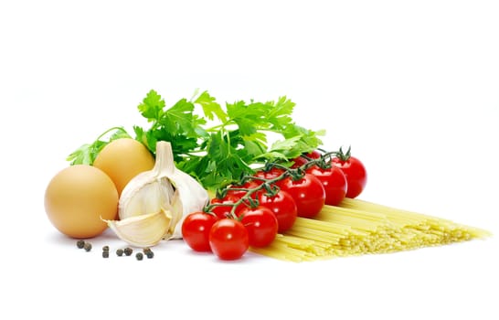 pasta with tomatoes on a white background