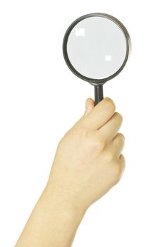 hand holding a magnifying glass on white