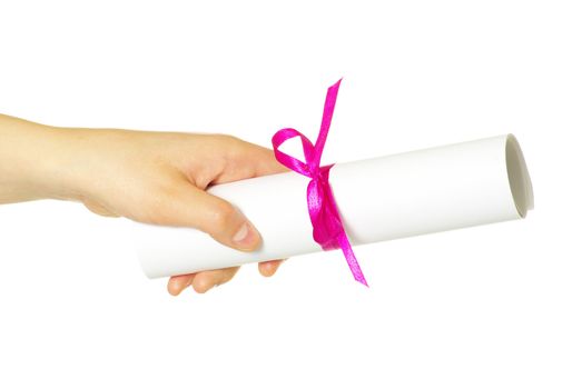 Diploma with a red ribbon in hand isolated on white 