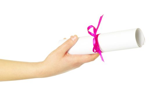 Diploma with a red ribbon in hand isolated on white 