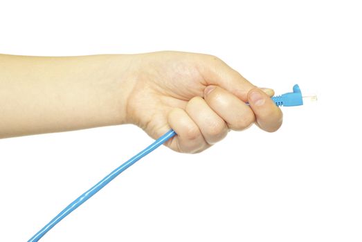 Computer cables in hand isolated on white background