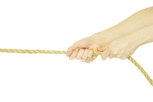 Hands and rope isolated on white background
